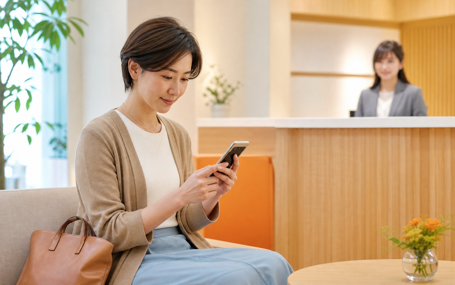 相談窓口でスマートフォンを確認する女性