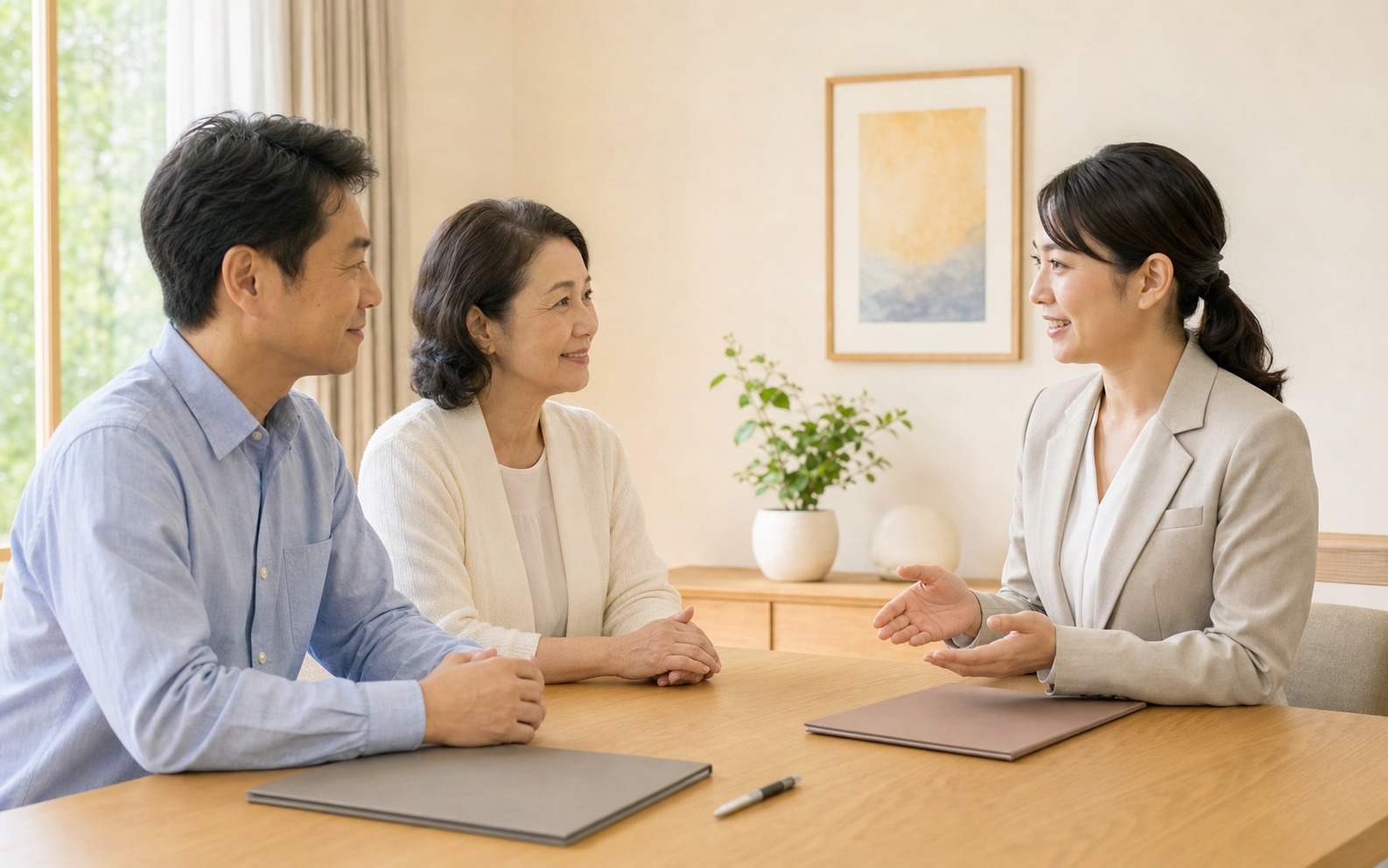 相談室で相談員に話を聞く相談者と家族