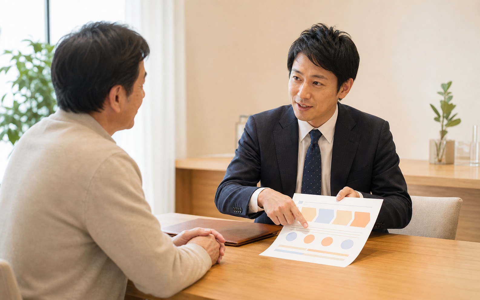 手続きの流れを相談者に説明する相談員