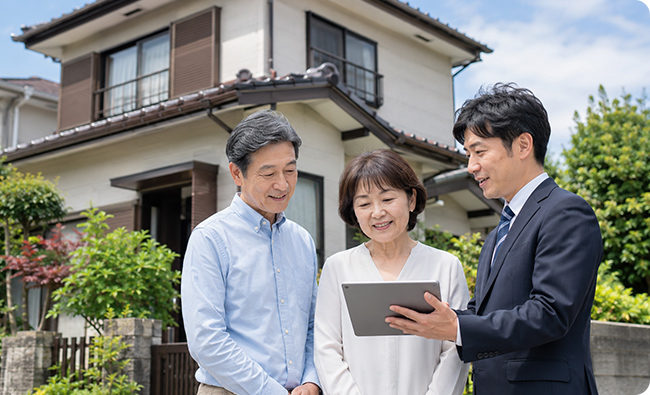 相続した実家の前で担当者と話すご家族